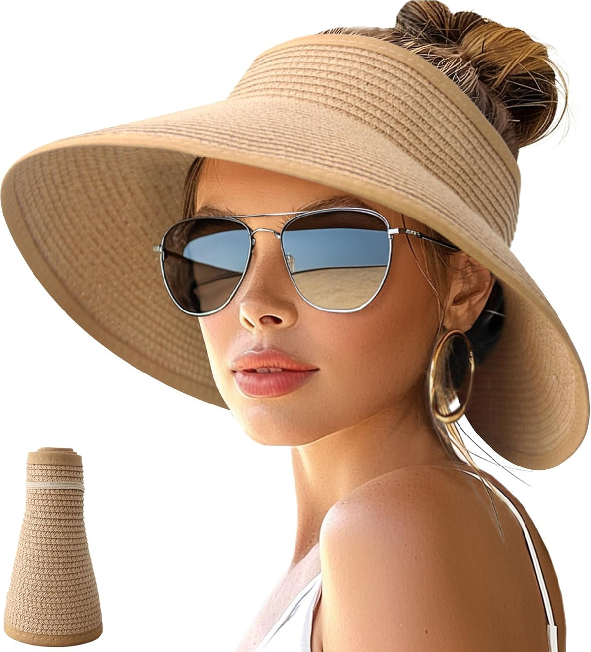 NPJY Sun Hats for Women Wide Brim Roll-Up Ponytail Packable Straw Visor