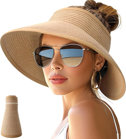 NPJY Sun Hats for Women Wide Brim Roll-Up Ponytail Packable Straw Visor