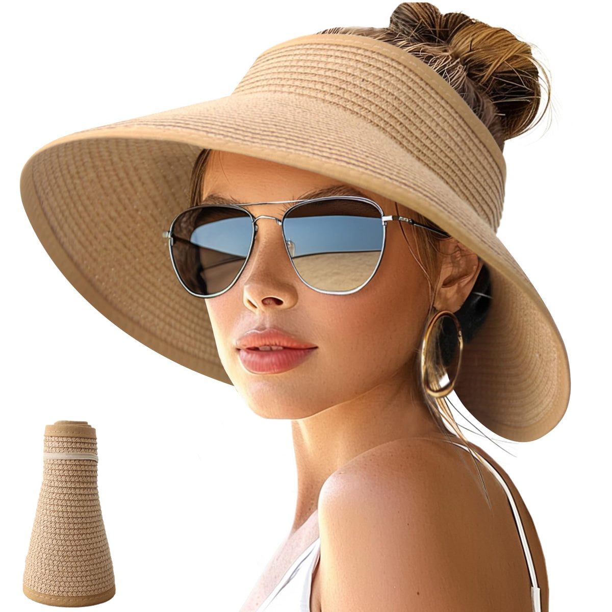 NPJY Sun Hats for Women Wide Brim Roll-Up Ponytail Packable Straw Visor