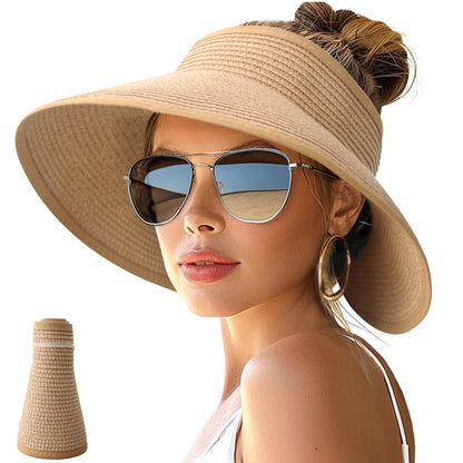 NPJY Sun Hats for Women Wide Brim Roll-Up Ponytail Packable Straw Visor