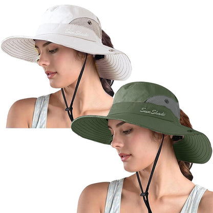ZOORON Women's Ponytail Safari Sun Hat,Wide Brim UV Protection Bucket Hat