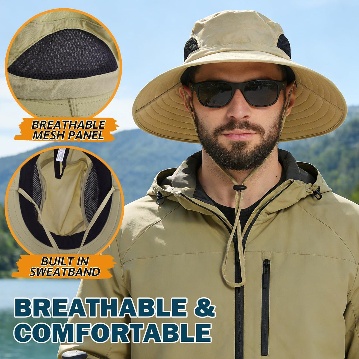 Wide Brim Sun Bucket Hat, Waterproof Boonie Hat for Men & Women