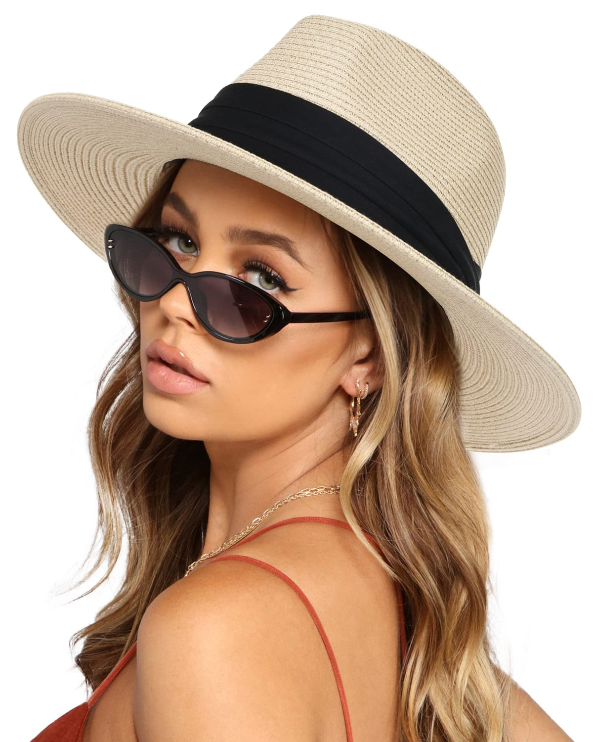 FURTALK Womens Mens Wide Brim Straw Panama Hat Fedora Summer Beach Sun Hat