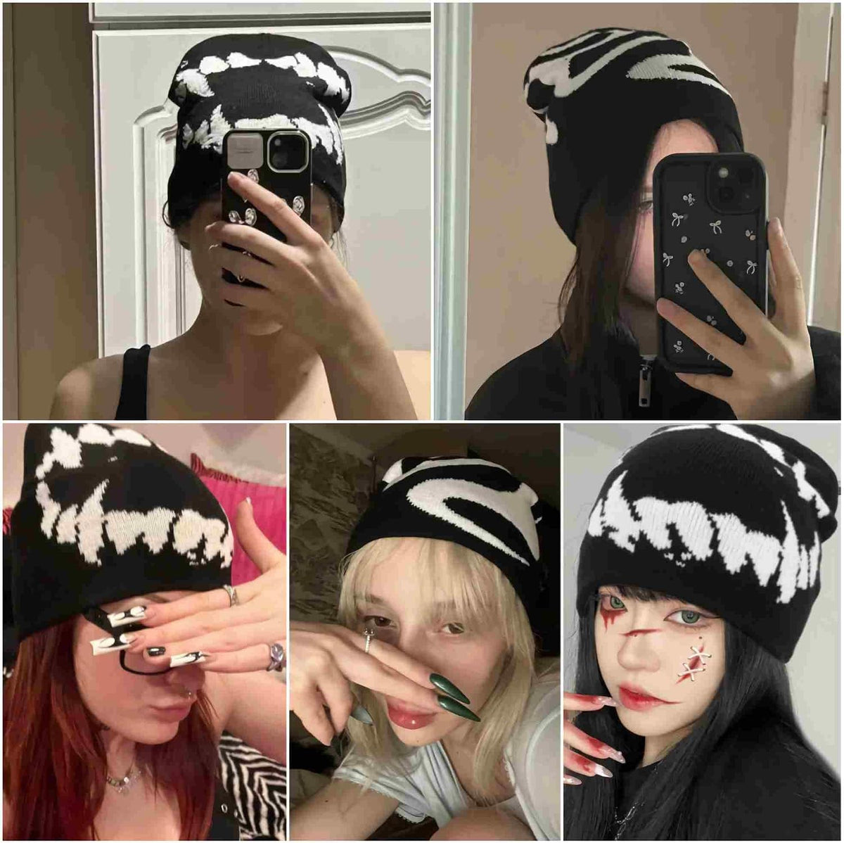 Black Graphic Beanie for Men Women, Streetwear y2k Knitted Hat, Slouchy Goth Skull Cap (2 pcs)