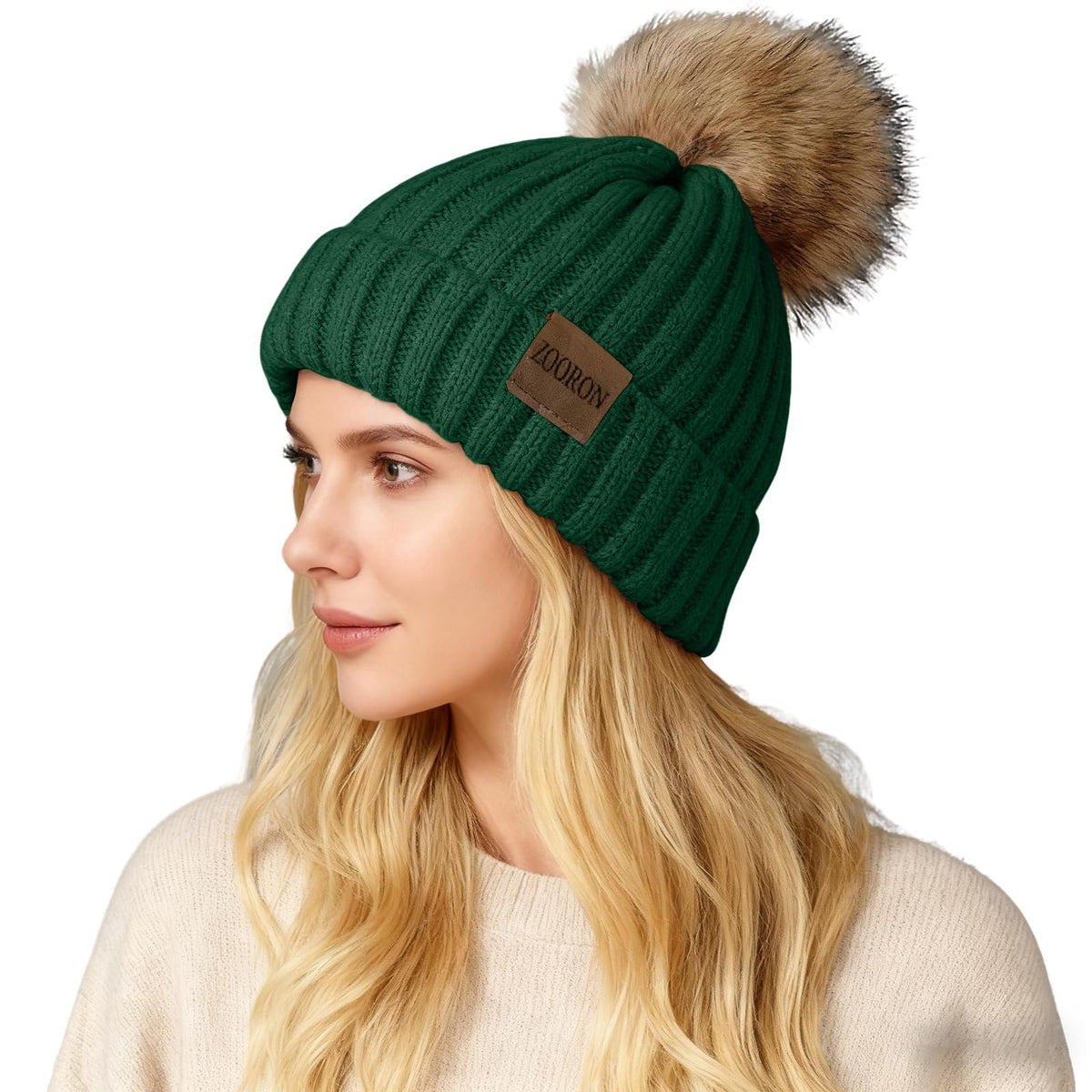 ZOORON Womens Winter Knitted Beanie Hat with Faux Fur Pom Beanie Warm Knit Skull Cap Beanie for Women