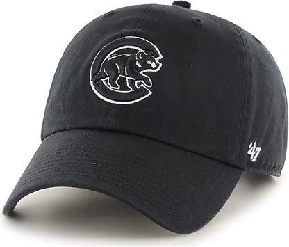 47 Brand MLB Black White Primary Logo Clean Up Adjustable Baseball Cap Hat, Adult One Size Fits All