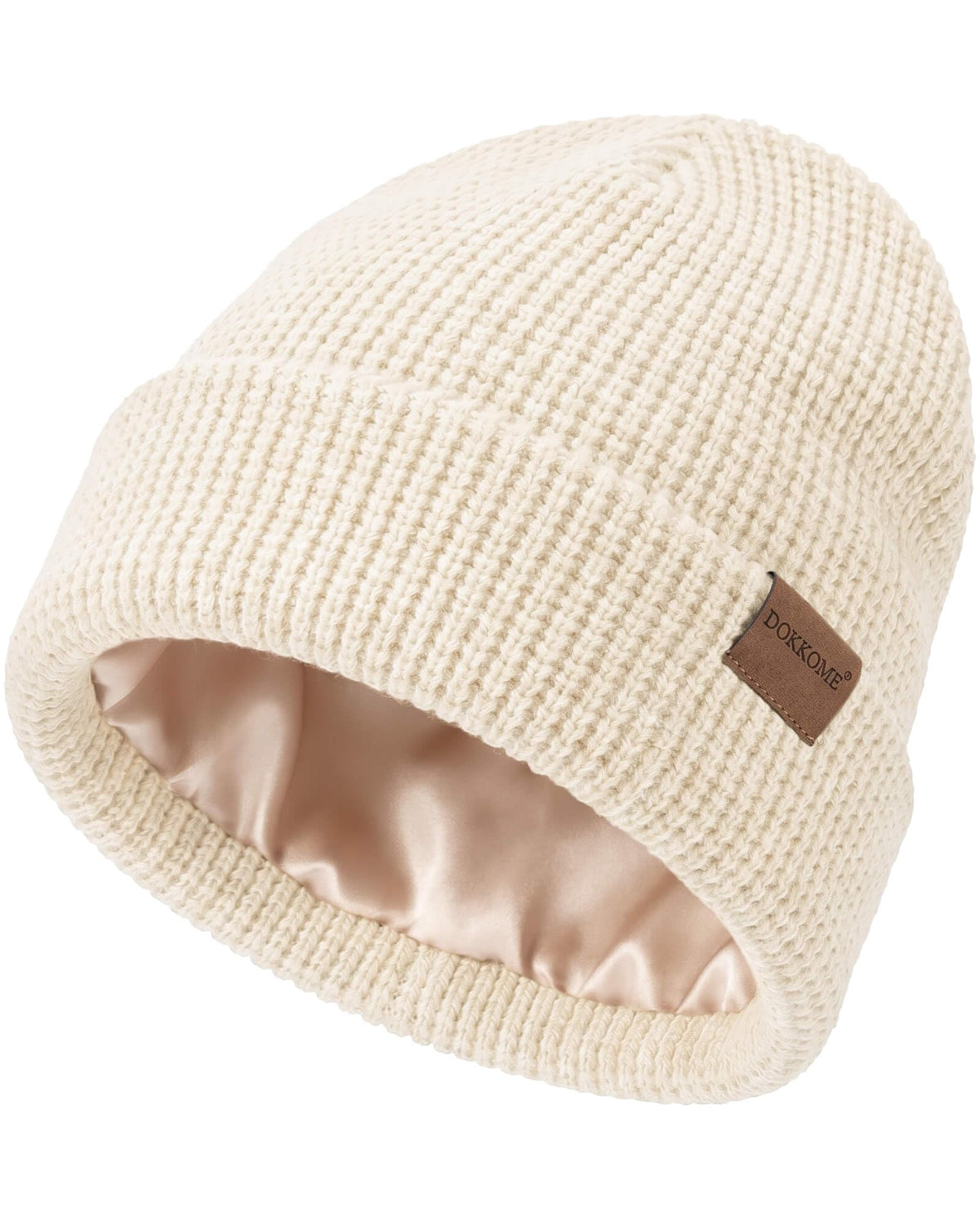 Satin Lined Beanie for Women Men Waffle Knit Winter Hats Thick Double Layer Warm Cuffed Silk Lining Cozy Soft