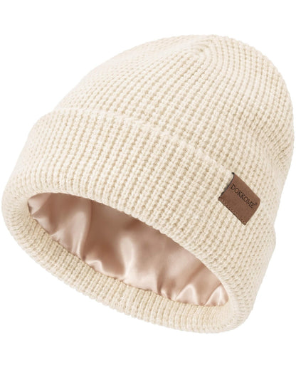 Satin Lined Beanie for Women Men Waffle Knit Winter Hats Thick Double Layer Warm Cuffed Silk Lining Cozy Soft