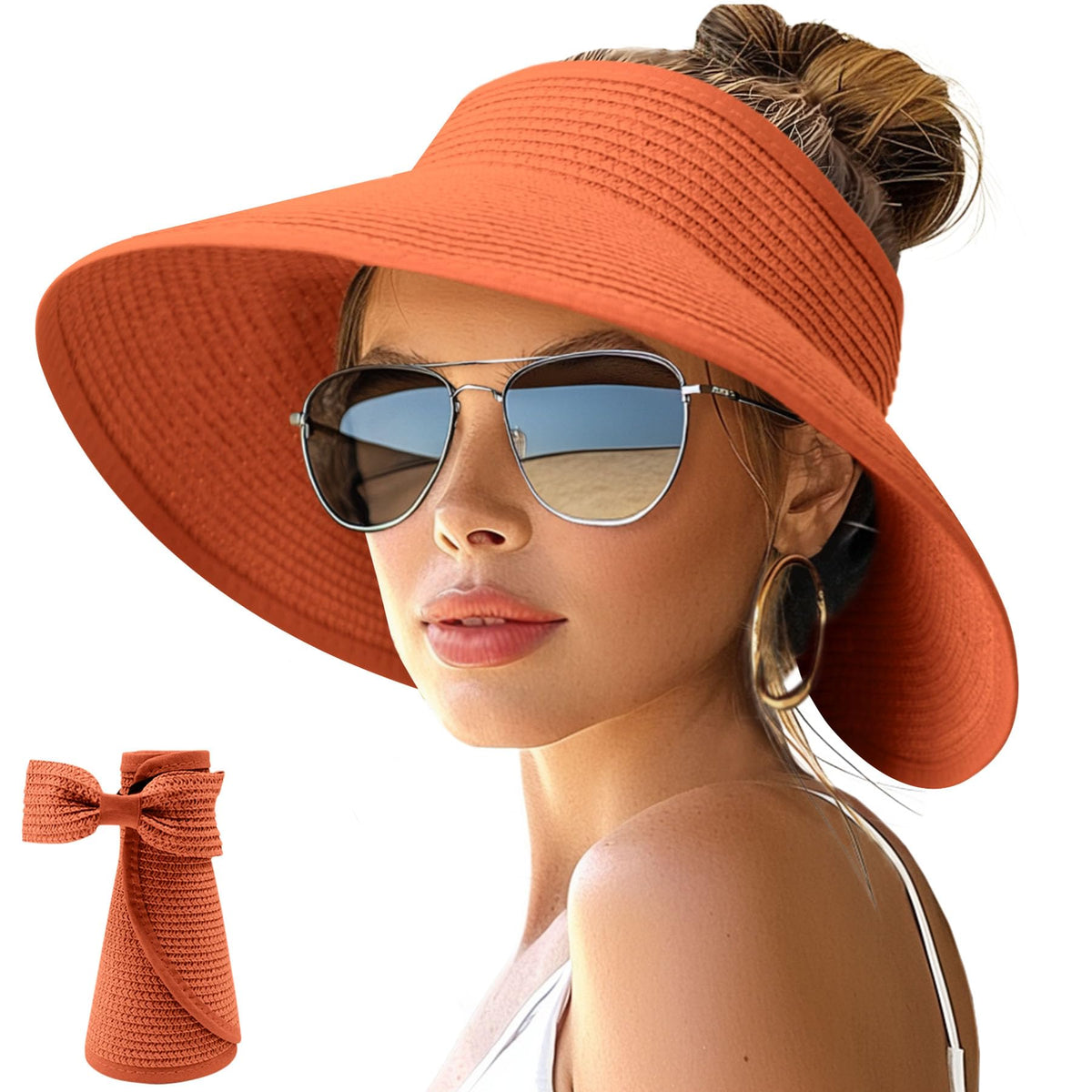 NPJY Sun Hats for Women Wide Brim Roll-Up Ponytail Packable Straw Visor