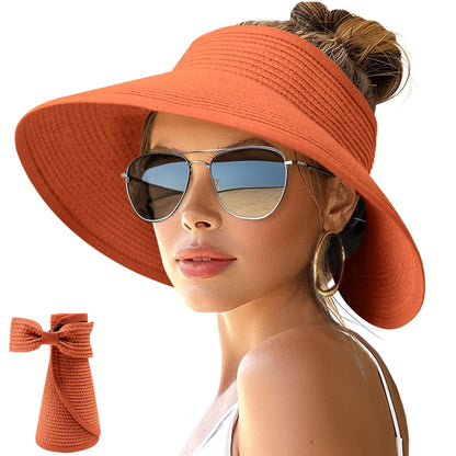 NPJY Sun Hats for Women Wide Brim Roll-Up Ponytail Packable Straw Visor