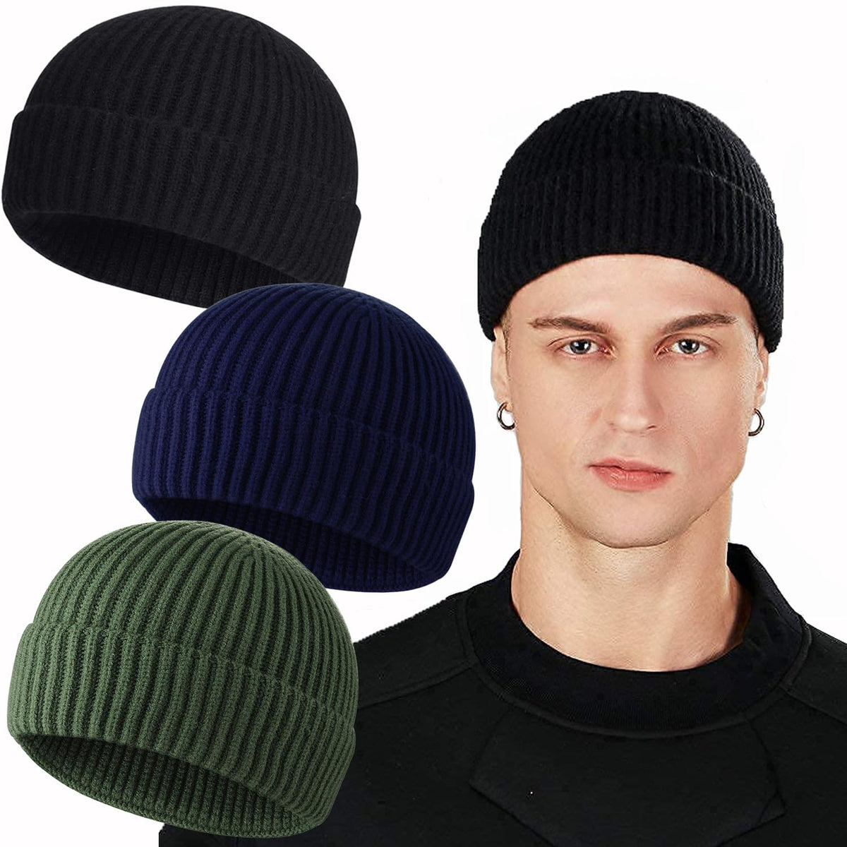 ROYBENS Swag Wool Knit Cuff Short Fisherman Beanie for Men Women Winter Hat