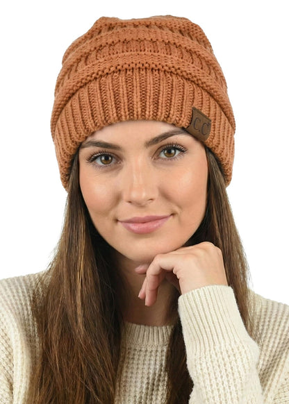 C.C Unisex Chunky Soft Stretch Cable Knit Warm Fuzzy Lined Skully Beanie