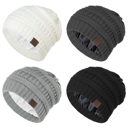 Beanies Women Satin Lined Beanie Winter Hats for Women Silk Lined Slouchy Beanie for Winter Warm Knit Cuffed Beanie Hat