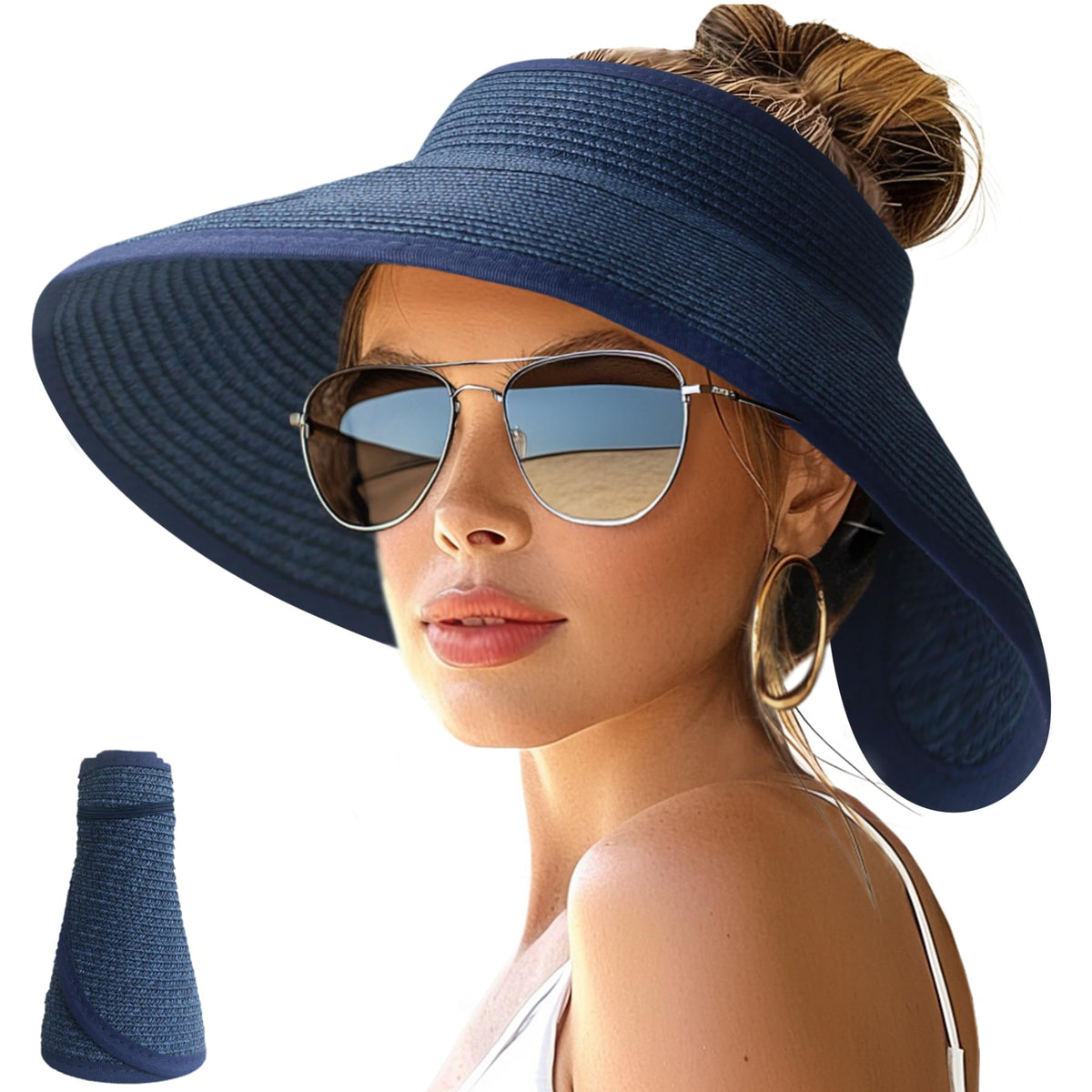 NPJY Sun Hats for Women Wide Brim Roll-Up Ponytail Packable Straw Visor