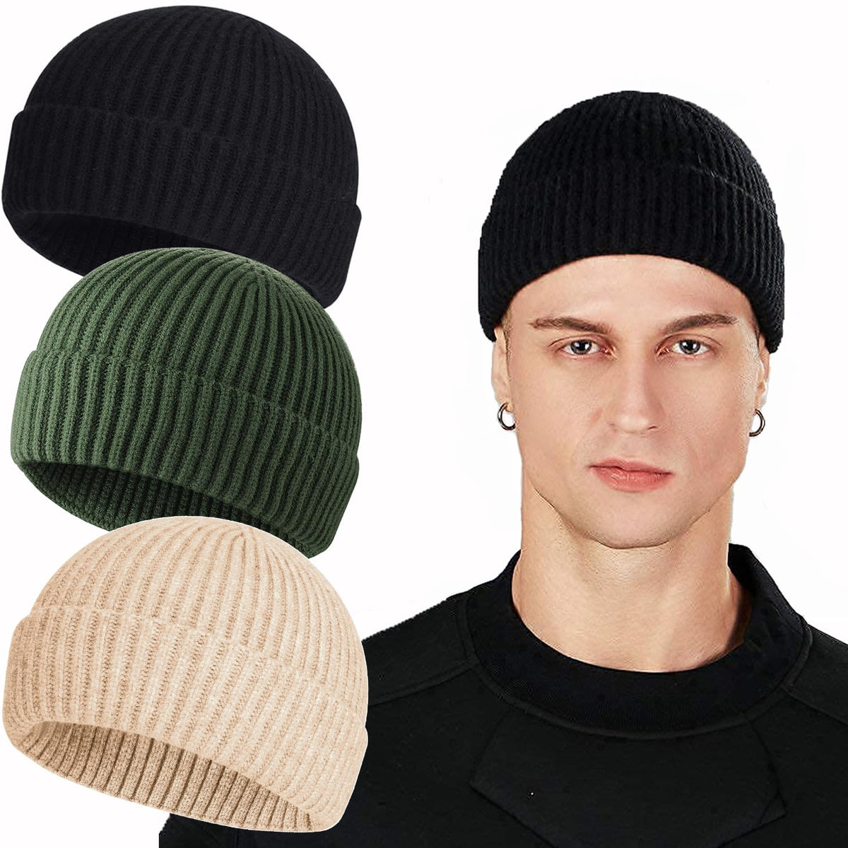 ROYBENS Swag Wool Knit Cuff Short Fisherman Beanie for Men Women Winter Hat