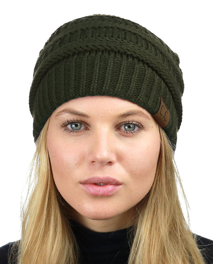 C.C Unisex Chunky Soft Stretch Cable Knit Warm Fuzzy Lined Skully Beanie