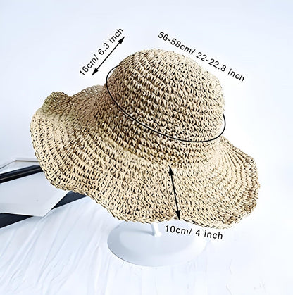 Women Straw Hat Wide Brim Beach Sun Cap Foldable Large Lady Floppy 100% Natural Paper Braided for Travel Decoration Summer Vacation Soft Lightweight and Breathable (Beige)