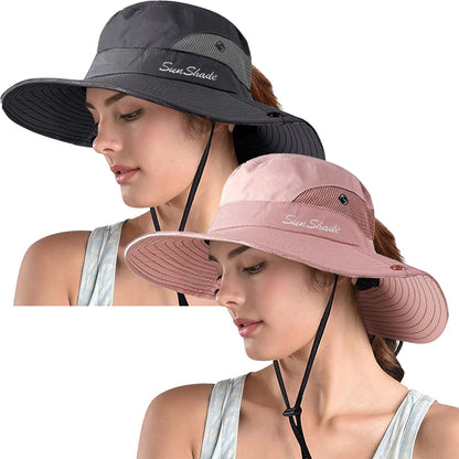 ZOORON Women's Ponytail Safari Sun Hat,Wide Brim UV Protection Bucket Hat