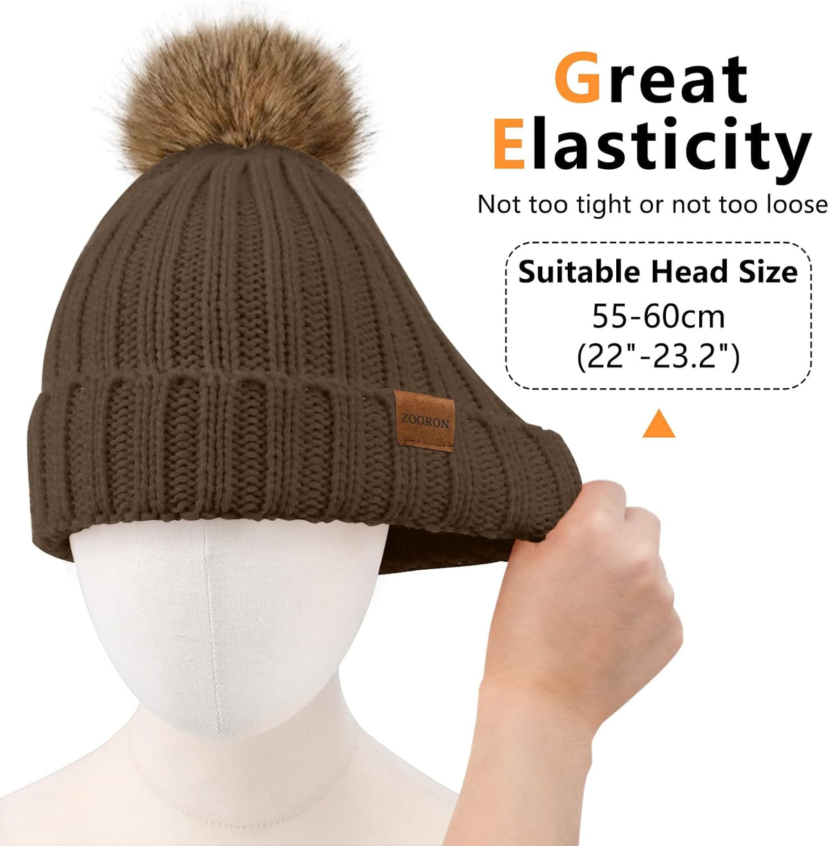 ZOORON Womens Winter Knitted Beanie Hat with Faux Fur Pom Beanie Warm Knit Skull Cap Beanie for Women