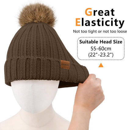 ZOORON Womens Winter Knitted Beanie Hat with Faux Fur Pom Beanie Warm Knit Skull Cap Beanie for Women