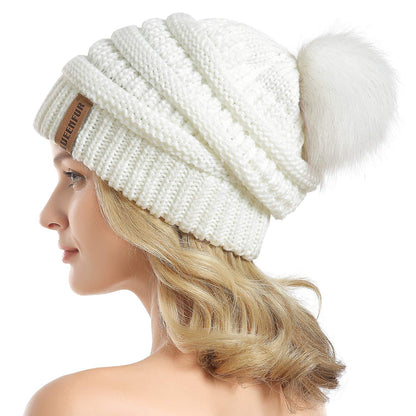 Women Knit Slouchy Beanie Chunky Baggy Hat with Faux Fur Pompom Winter Soft Warm Ski Cap