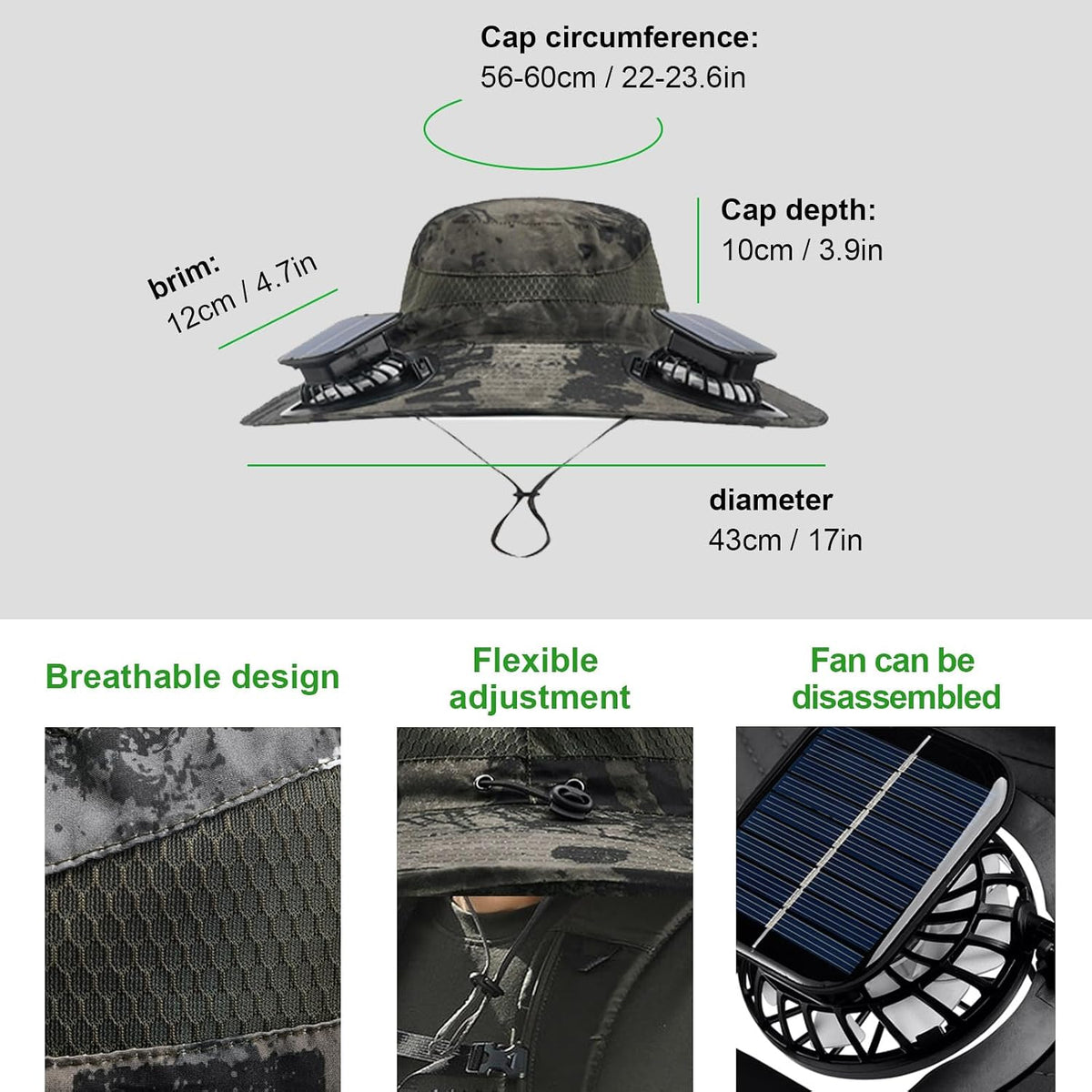 Fishing Hats with Sunglasses, Wide Brim Sun Hat with 2 Solar Fan, USB & Solar Powered Fishing Hats, Solar Fan Hats UPF 50+