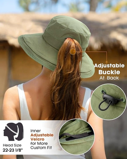 Hatiis Womens Sun Hat with Ponytail Hole Cotton Shapeable Wide Brim