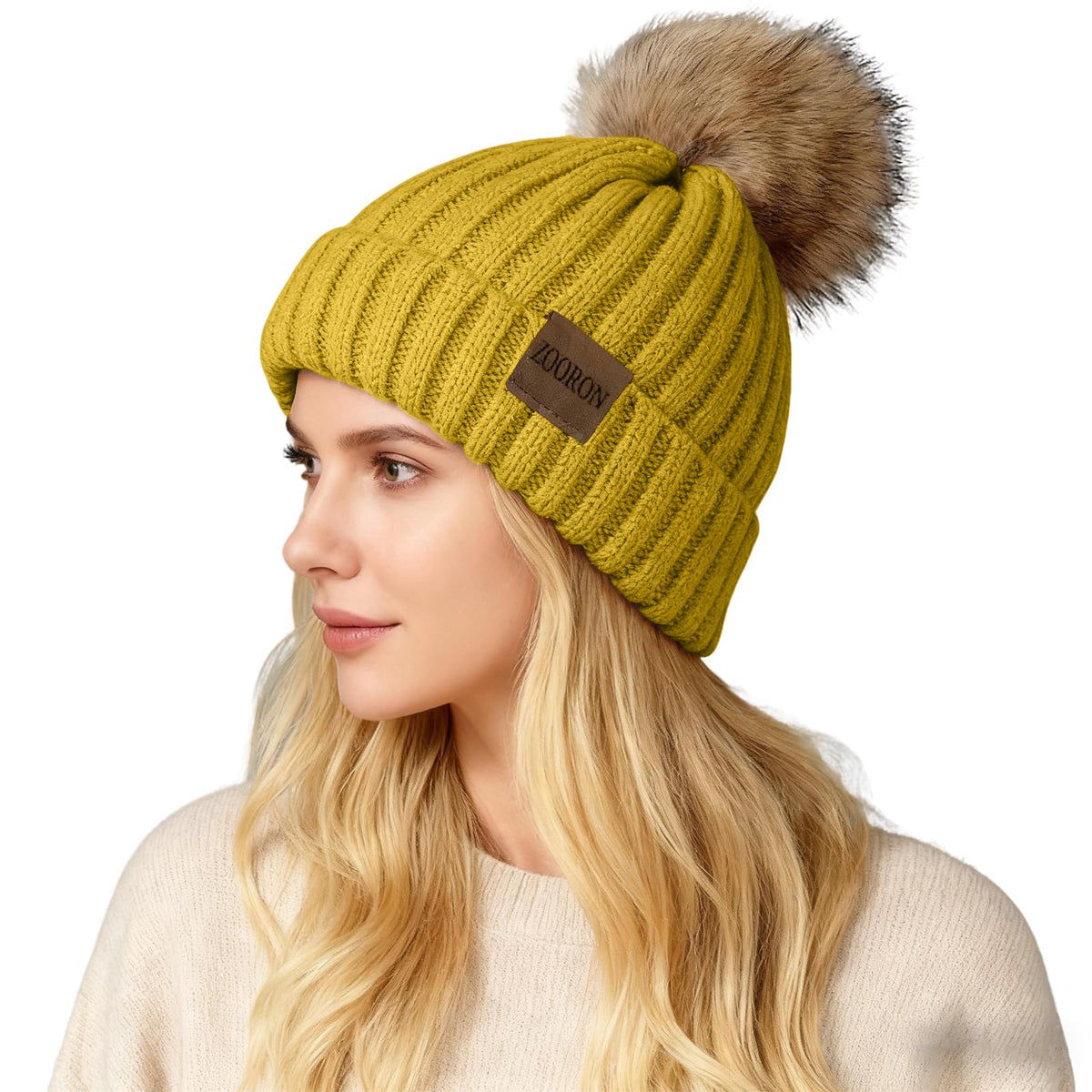 ZOORON Womens Winter Knitted Beanie Hat with Faux Fur Pom Beanie Warm Knit Skull Cap Beanie for Women