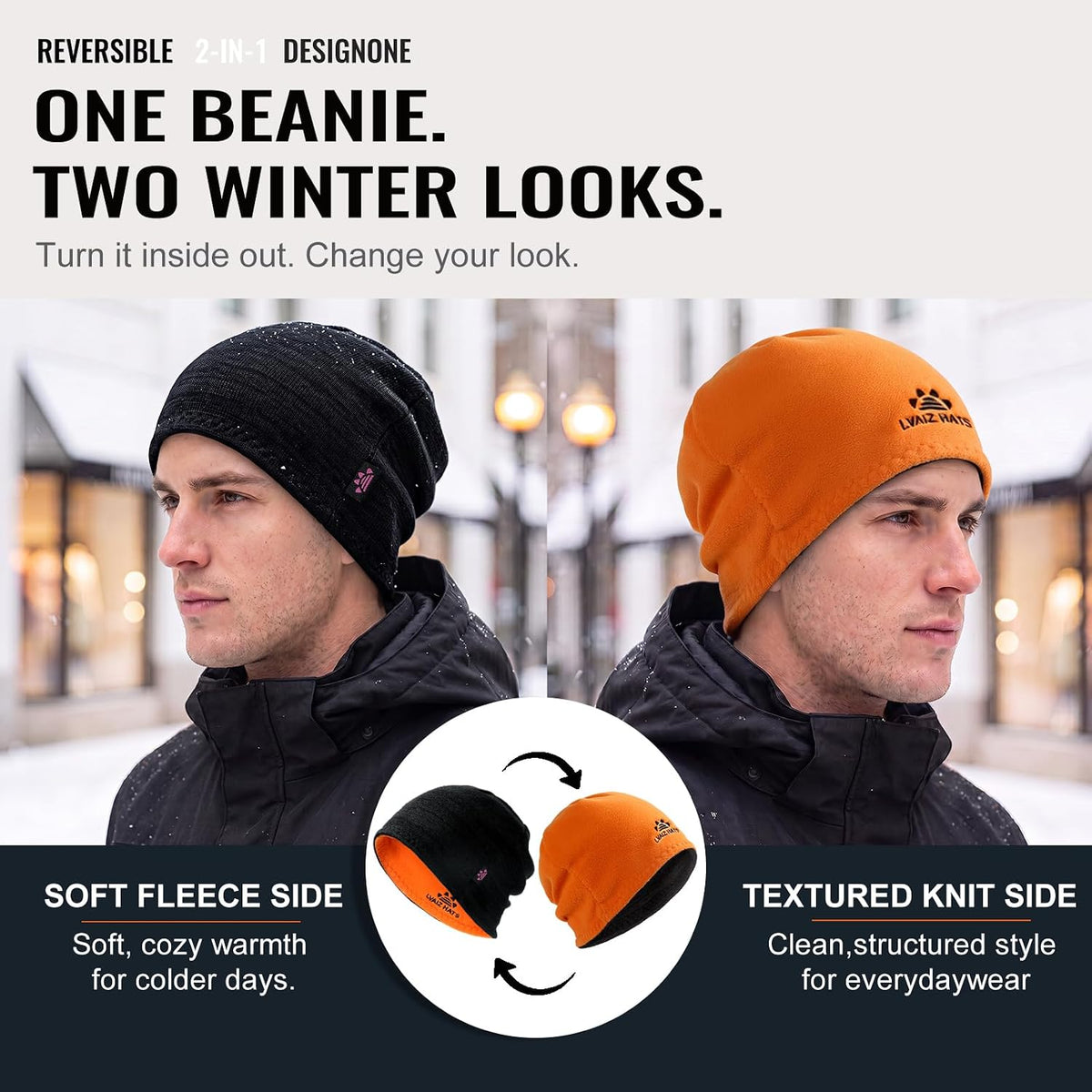 3 Pack Reversible Fleece Lined Beanie Hats for Men Women Winter Knit Hats