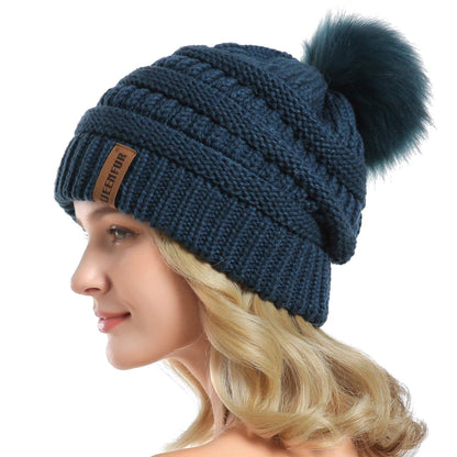 Women Knit Slouchy Beanie Chunky Baggy Hat with Faux Fur Pompom Winter Soft Warm Ski Cap