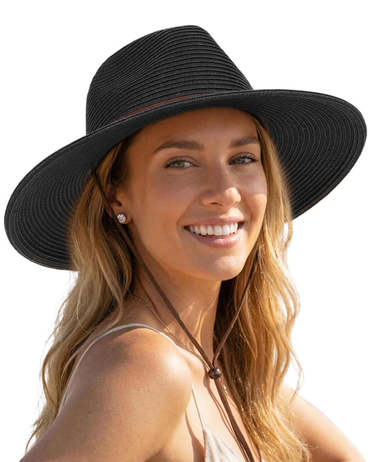 FURTALK Sun Hat Panama Fedora Straw Beach Hat with Wind Lanyard UPF