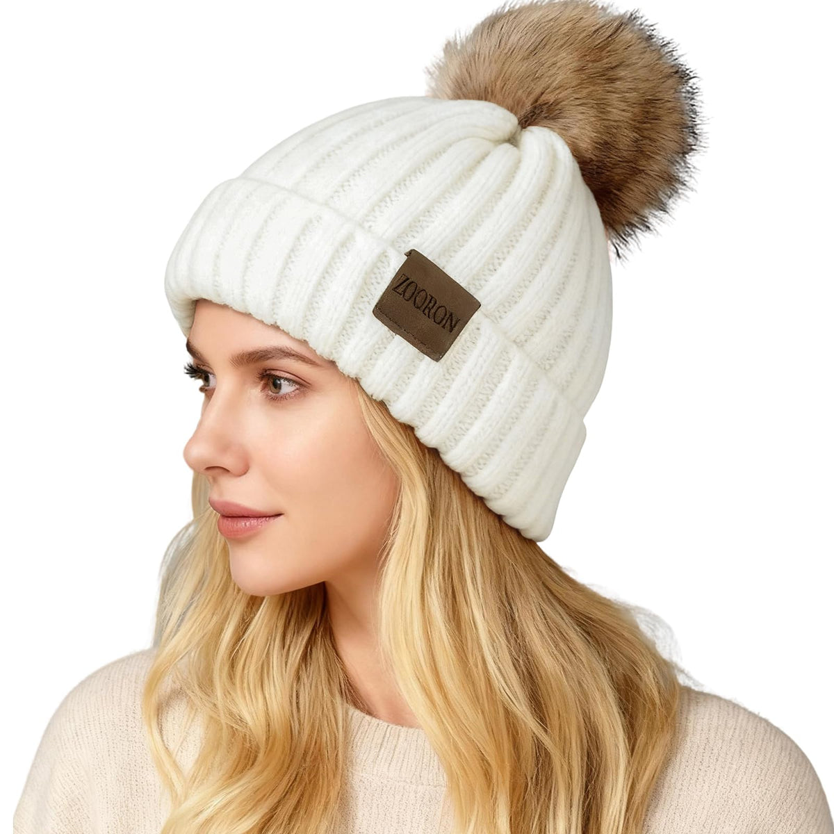 ZOORON Womens Winter Knitted Beanie Hat with Faux Fur Pom Beanie Warm Knit Skull Cap Beanie for Women