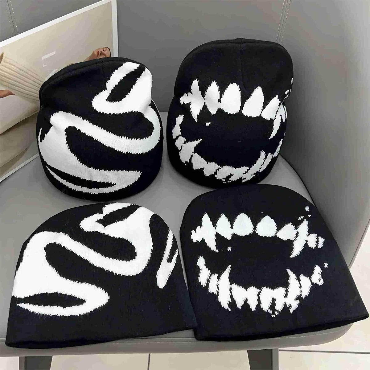Black Graphic Beanie for Men Women, Streetwear y2k Knitted Hat, Slouchy Goth Skull Cap (2 pcs)