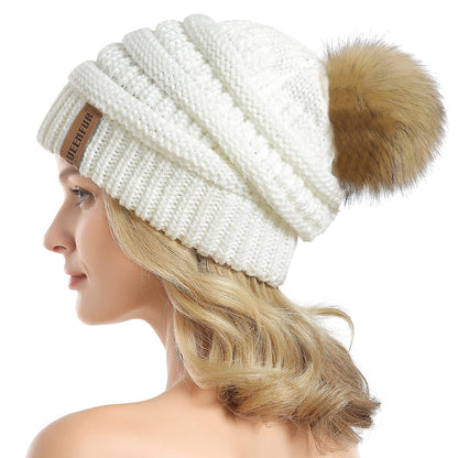 Women Knit Slouchy Beanie Chunky Baggy Hat with Faux Fur Pompom Winter Soft Warm Ski Cap
