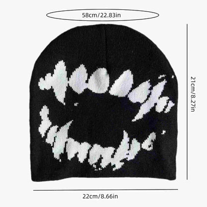 Black Graphic Beanie for Men Women, Streetwear y2k Knitted Hat, Slouchy Goth Skull Cap (2 pcs)