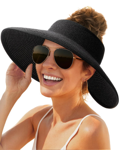 FURTALK Womens Sun Hat with Ponytail Hole Wide Brim Beach Straw Visor