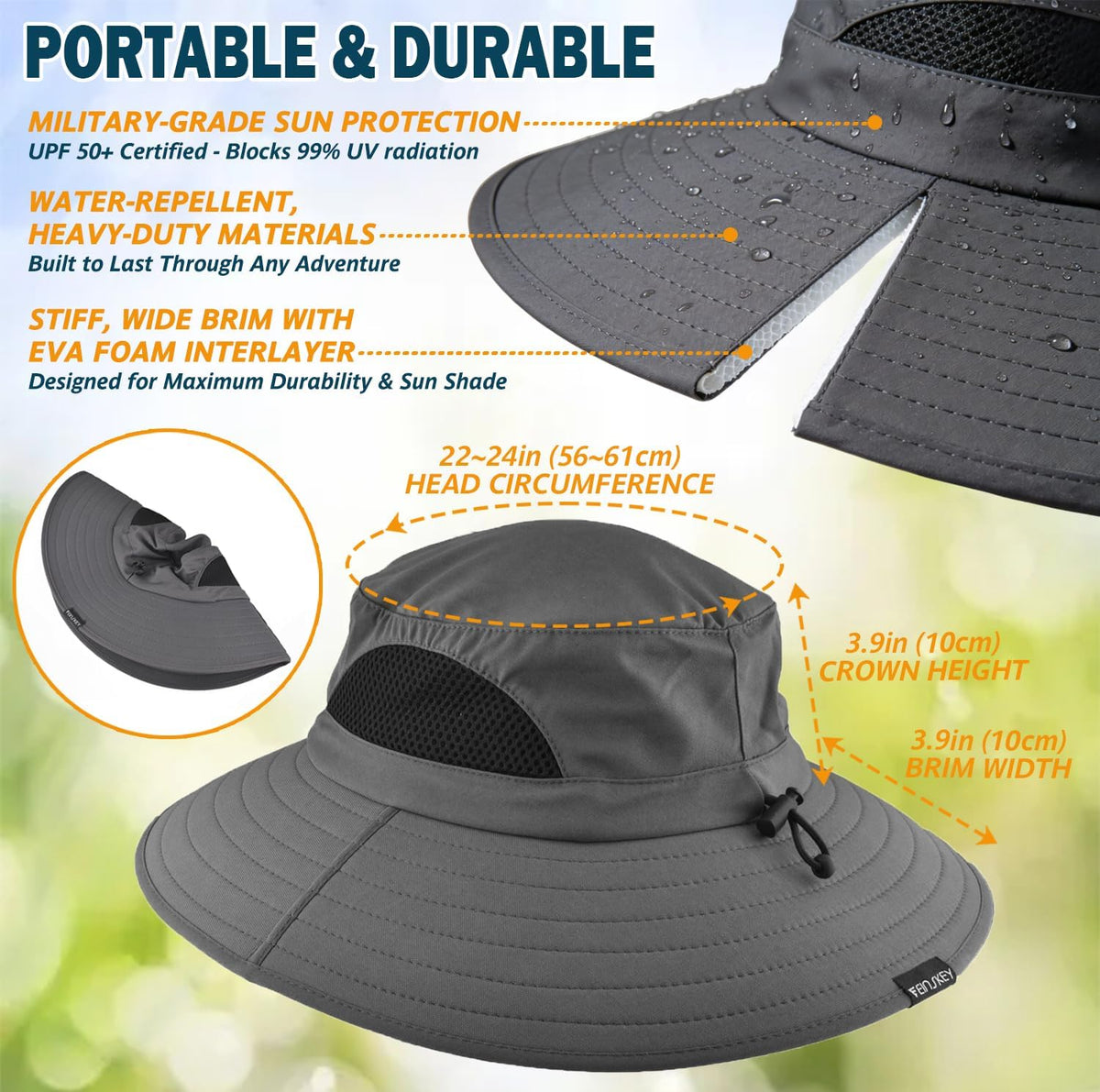 Wide Brim Sun Bucket Hat, Waterproof Boonie Hat for Men & Women
