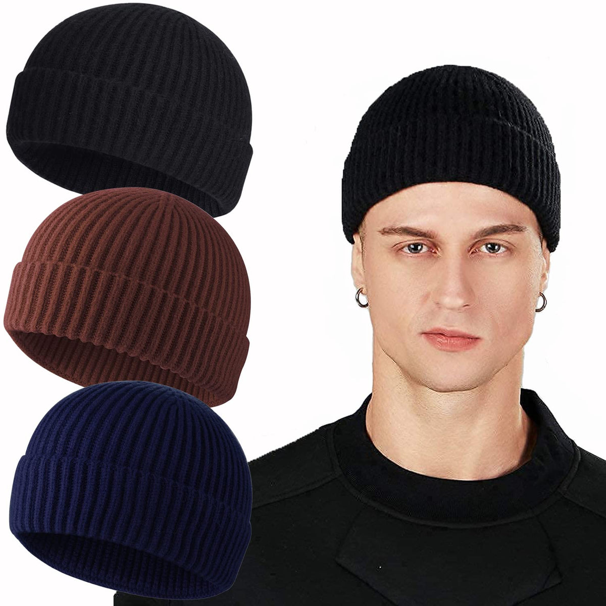ROYBENS Swag Wool Knit Cuff Short Fisherman Beanie for Men Women Winter Hat