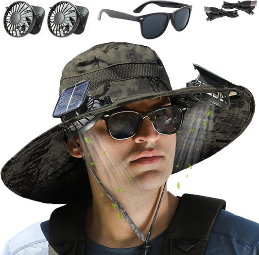Fishing Hats with Sunglasses, Wide Brim Sun Hat with 2 Solar Fan, USB & Solar Powered Fishing Hats, Solar Fan Hats UPF 50+