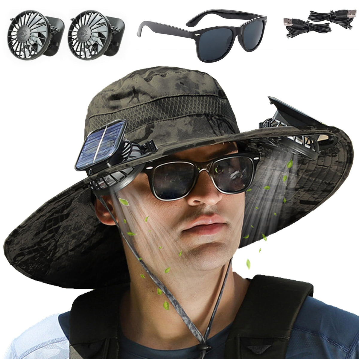 Fishing Hats with Sunglasses, Wide Brim Sun Hat with 2 Solar Fan, USB & Solar Powered Fishing Hats, Solar Fan Hats UPF 50+