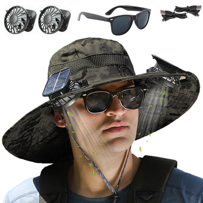 Fishing Hats with Sunglasses, Wide Brim Sun Hat with 2 Solar Fan, USB & Solar Powered Fishing Hats, Solar Fan Hats UPF 50+