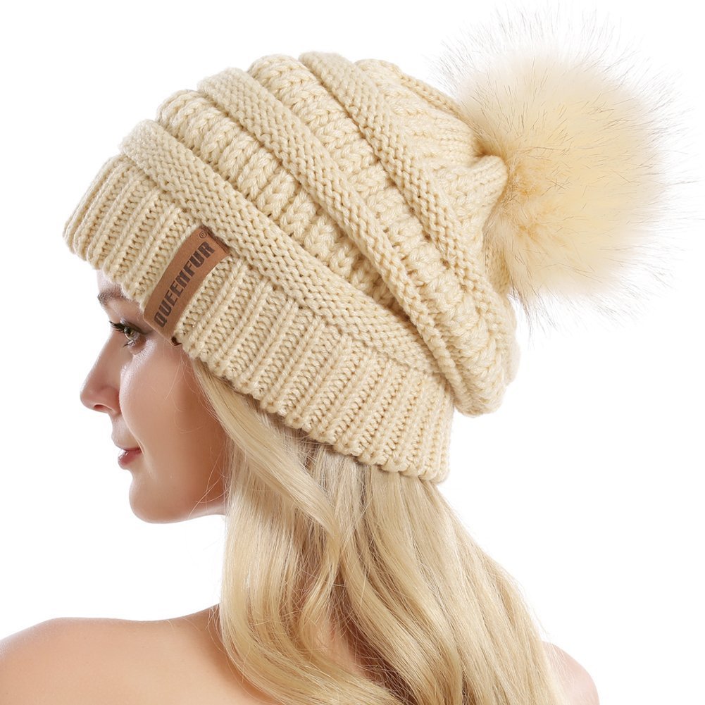 Women Knit Slouchy Beanie Chunky Baggy Hat with Faux Fur Pompom Winter Soft Warm Ski Cap