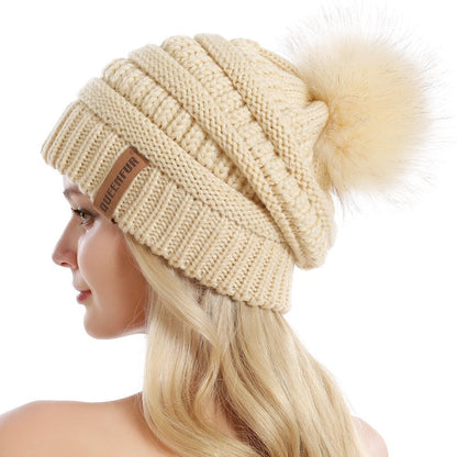 Women Knit Slouchy Beanie Chunky Baggy Hat with Faux Fur Pompom Winter Soft Warm Ski Cap