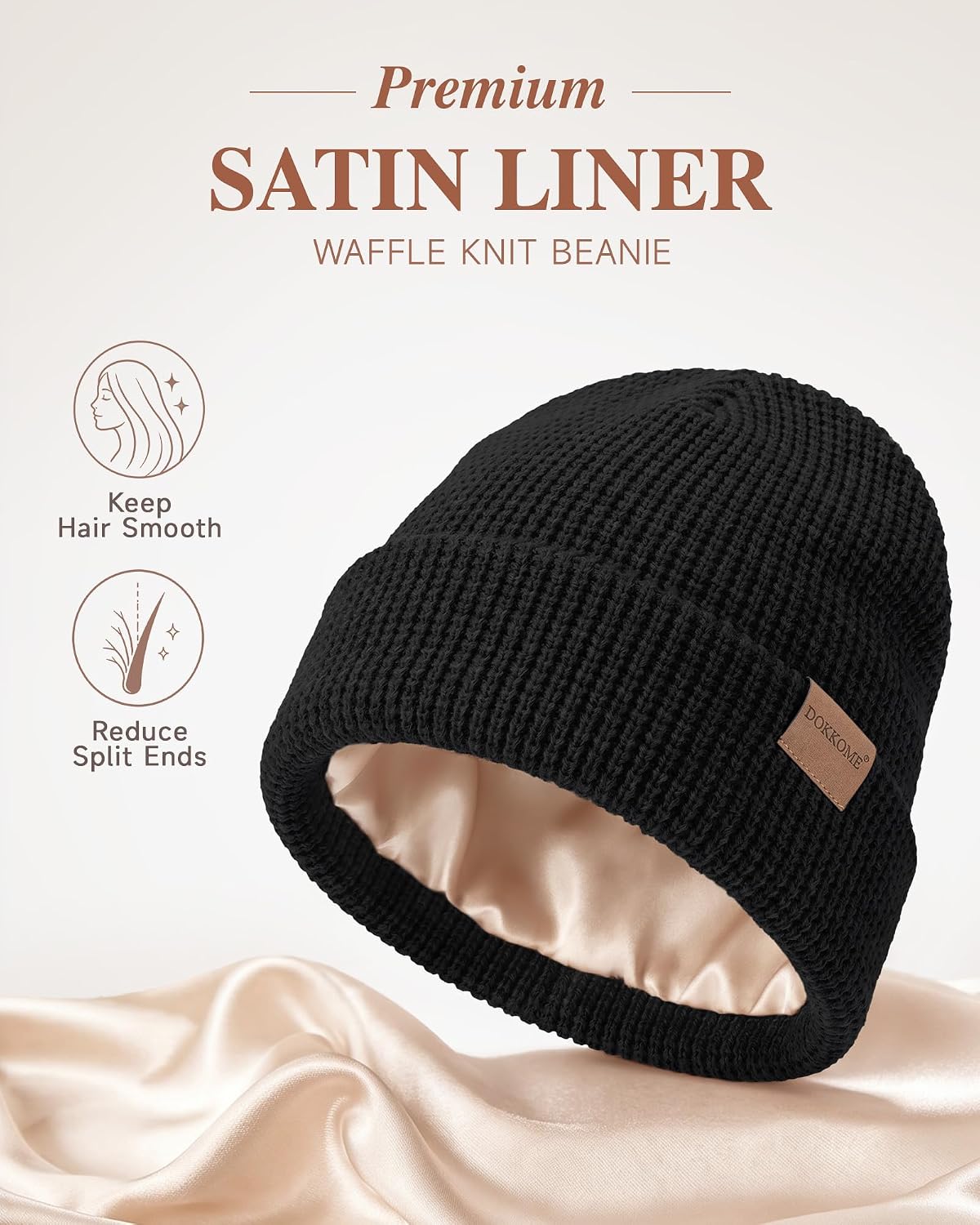 Satin Lined Beanie for Women Men Waffle Knit Winter Hats Thick Double Layer Warm Cuffed Silk Lining Cozy Soft