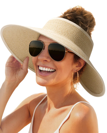 FURTALK Womens Sun Hat with Ponytail Hole Wide Brim Beach Straw Visor