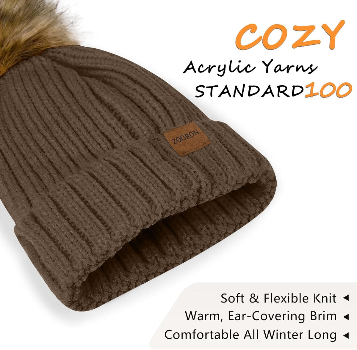 ZOORON Womens Winter Knitted Beanie Hat with Faux Fur Pom Beanie Warm Knit Skull Cap Beanie for Women