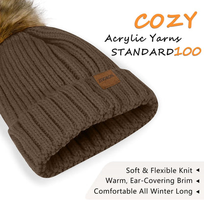 ZOORON Womens Winter Knitted Beanie Hat with Faux Fur Pom Beanie Warm Knit Skull Cap Beanie for Women