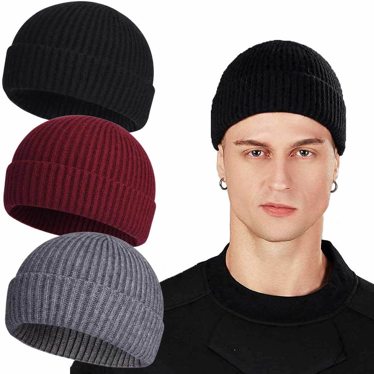 ROYBENS Swag Wool Knit Cuff Short Fisherman Beanie for Men Women Winter Hat