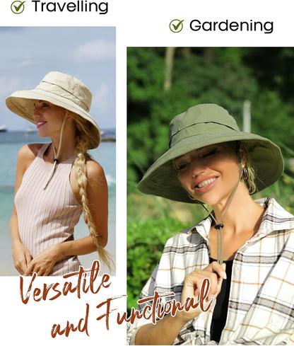 Hatiis Womens Sun Hat with Ponytail Hole Cotton Shapeable Wide Brim