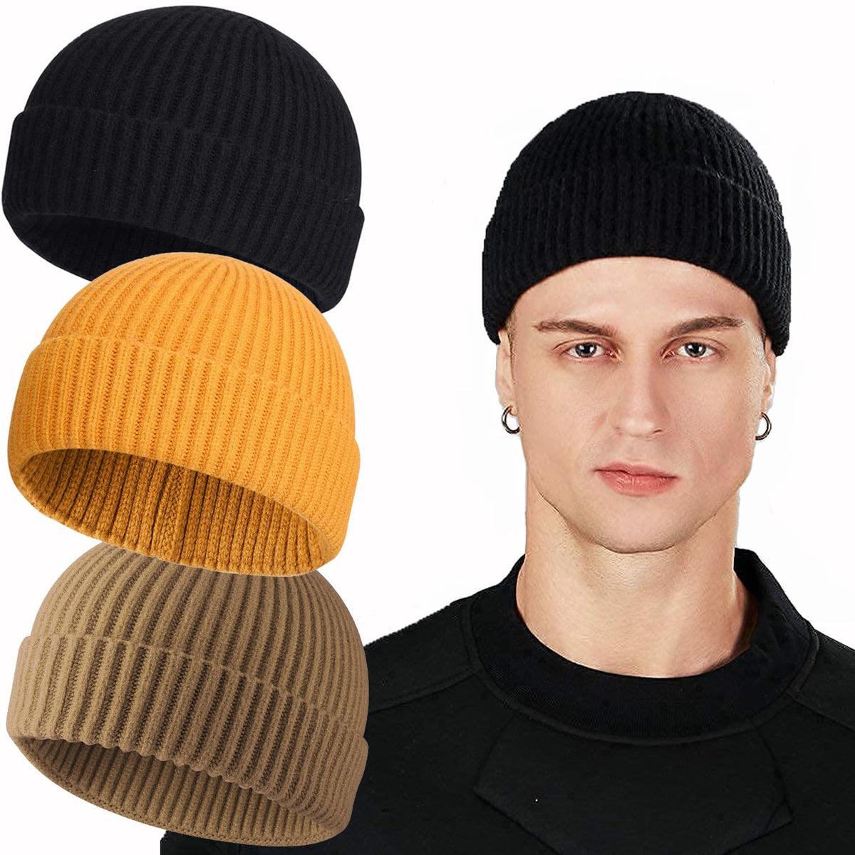 ROYBENS Swag Wool Knit Cuff Short Fisherman Beanie for Men Women Winter Hat